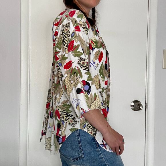 Rhapsody Safari Jungle Print Button Up Cotton Blouse Vintage 1990s Size Large - Picture 10 of 12